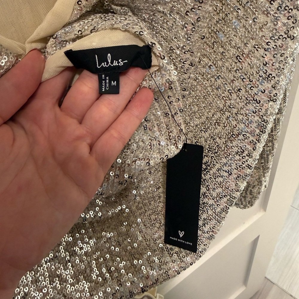 Lulu's Shimmering Love Silver Sequin Cowl Back Bodysuit - Picture 5 of 5